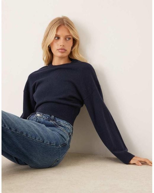 Gina Tricot Blue Crew Neck Wide Sleeve Fitted Knitted Jumper