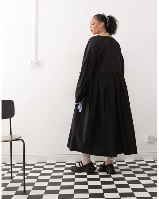 Collusion Black Plus Oversized Wrap Maxi Smock Dress With Contrast Gingham Ties