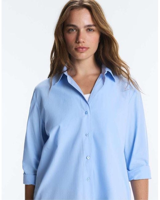 Oysho Blue 100% Cotton Long-sleeved Shirt