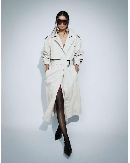 ASOS Natural Longline Oversized Trench Coat With Shoulder Pad