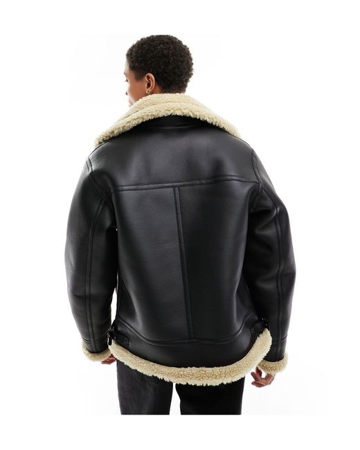 Pull&Bear Black Faux Leather Aviator Jacket for men