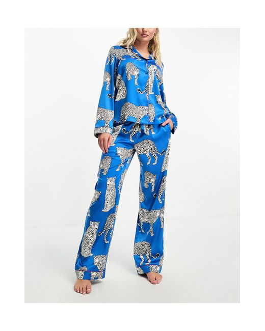 Chelsea Peers Blue Exclusive Premium Satin Leopard Print Revere Top And Trouser Pyjama Set