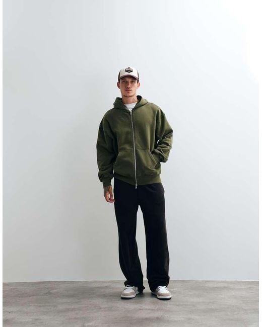 ASOS Green Premium Heavyweight Oversized Washed Zip Up Hoodie for men