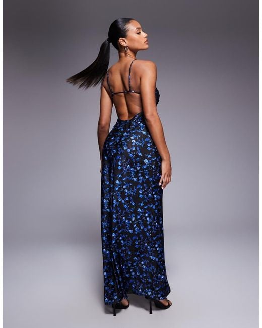 ASOS Blue Satin Strappy Halter Maxi Dress With Contrast Bust