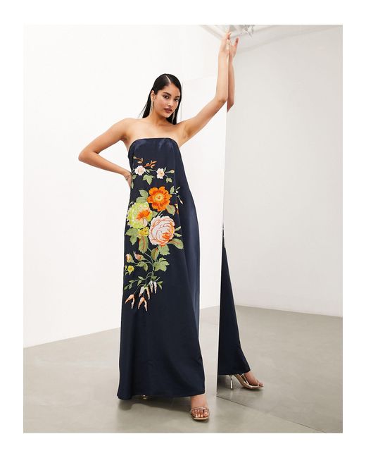 ASOS Multicolor Embroidered Floral Clean Bandeau Maxi Dress