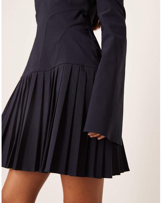 ASOS Blue Long Sleeve Pleated Skirt Mini Dress