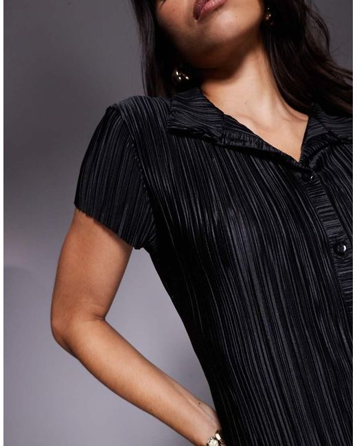 ASOS Black Plisse Short Sleeve Button Down Mini Dress