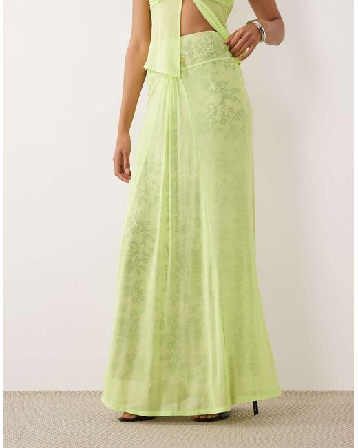AFRM Green Amirah Mesh Lace Overlay High Rise Knot Detail Maxi Skirt