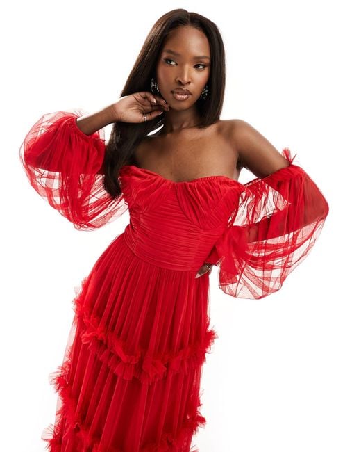 LACE & BEADS Red Sheer Sleeve Tulle Ruffle Maxi Dress