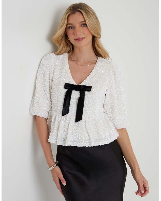 Threadbare White Sequin Velour Bow Detail Blouse
