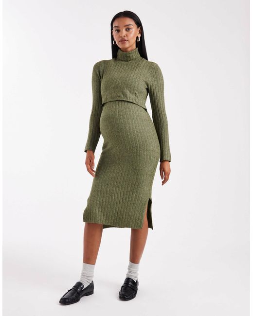 Mama.licious Green Mamalicious Maternity Soft Knitted Rib Midi Dress With Nursing Function