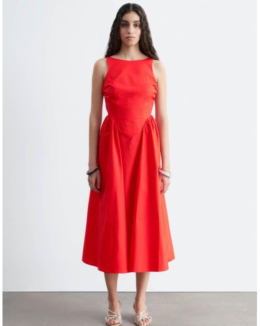 & Other Stories Red Rich Cotton Volume Waist Hem Midi Dress