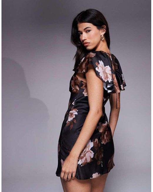 ASOS Black Flutter Sleeve Satin Mini Dress Chocolate Occasion Floral Print