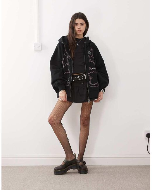 Minga Black London Ascii Cat Studded Zip Up Hoodie