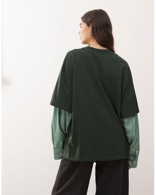 T-shirt 2-en-1 oversize effet superposé avec chemise à manches longues rayée - foncé/ Lioness en coloris Green