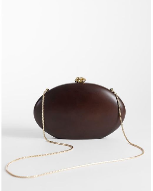 Mango Brown 100% Wood Oval Clutch Bag With Detatchable Chain