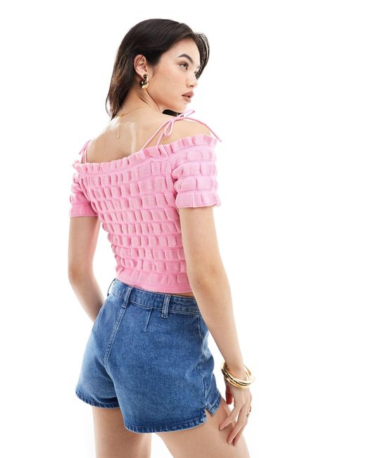 ASOS Pink Knitted Shirred Bardot Top With Tie Strap And Bow Detail