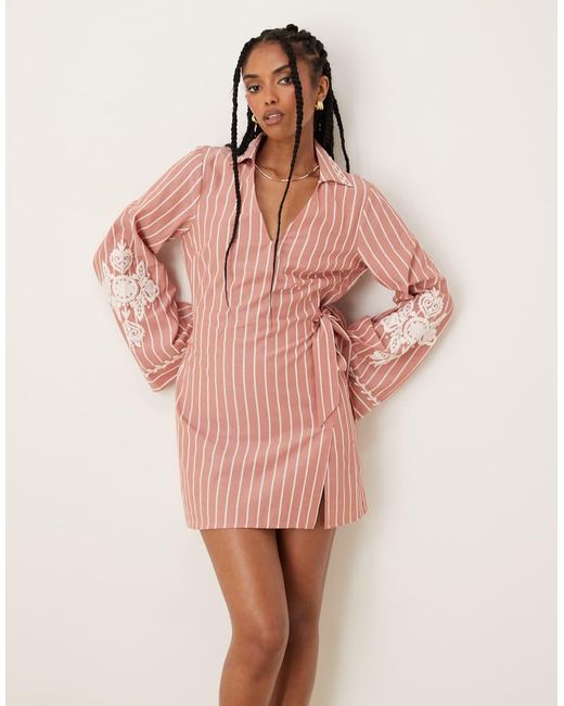 ASOS Pink Embroidered Wrap Shirt Mini Dress With Wide Cuff