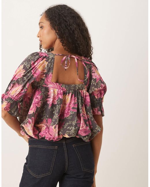 ASOS Pink – bluse mit eckigem ausschnitt, puffärmeln und blumenmuster