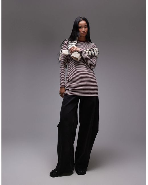 TOPSHOP Red Stripe Long Sleeve Crew Neck Mini Dress