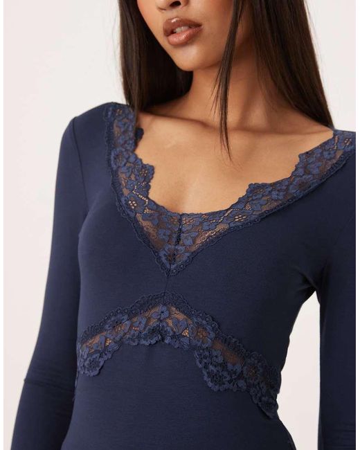 Gina Tricot Blue V Neck Lace Detail Long Sleeve Slim Fit Top