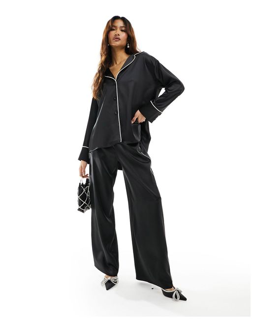 ASOS Black Satin Pyjama Trouser Co-ord With Piping Detail