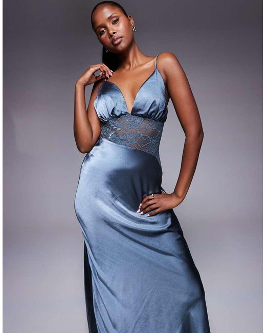 Princess Polly Blue Faera Satin Cami Strap Lace Insert Maxi Dress