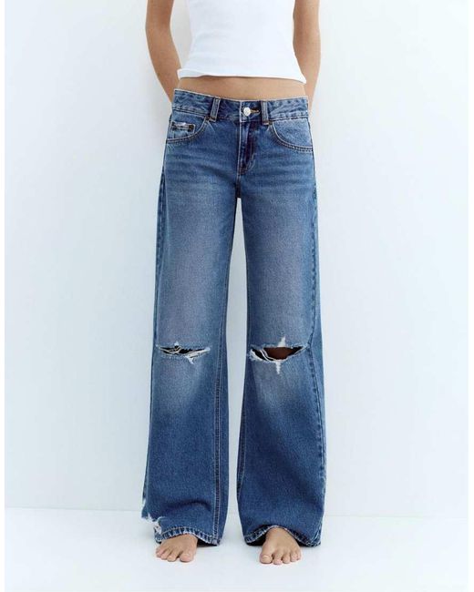 Pull&Bear Blue Ripped Low-Rise Straight Leg Jeans