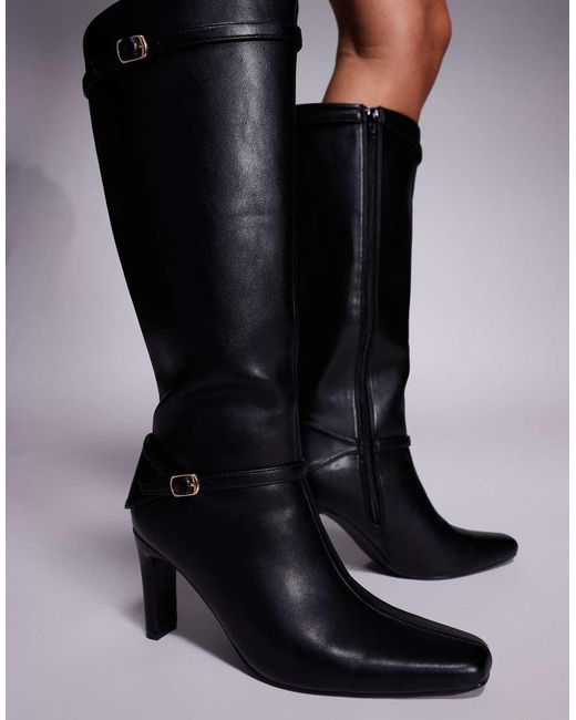 Public Desire Black Public Desire Poppy Wide Fit Heeled Knee Boots With Buckle Detail