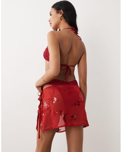 Miss Selfridge Red Beach Floral Sequin Mini Tie Side Sarong
