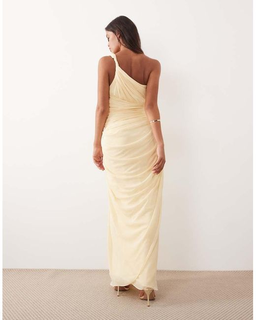 ARRANGE Natural One Shoulder Draped Twist Detail Maxi Dress With Metal Trim Detail