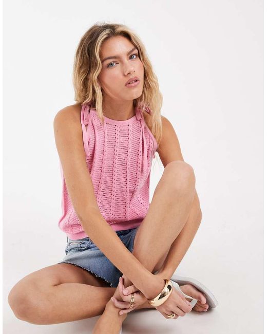 Vero Moda Red Tie Shoulder Racer Crochet Knit Tank Top