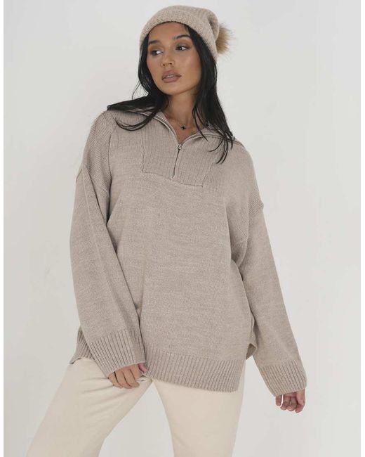 Brave Soul Brown Oversized 1/2 Zip Knitted Jumper