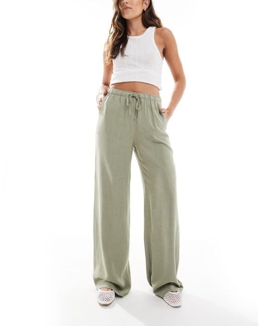 Stradivarius Green Linen Look Pull On Trouser