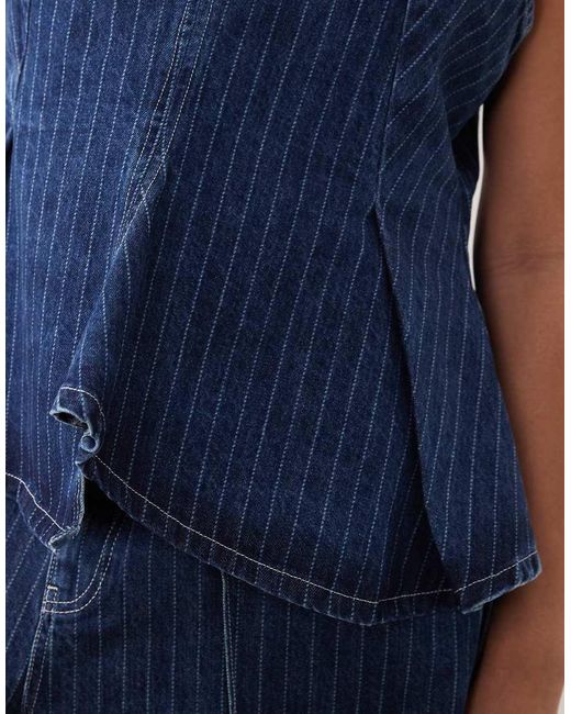 ARRANGE Blue Curve Stitch Stripe Denim Pleated V Neck Top