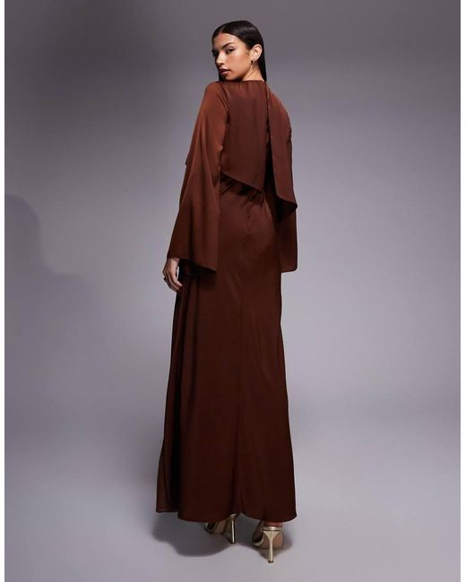 ASOS Brown Satin Long Sleeve Cape Detail Maxi Dress