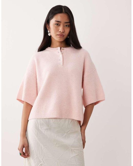 Pretty Lavish Pink Fluffy Knit Button Detail Top