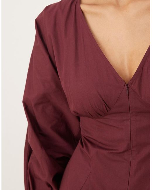 ASOS Red Long Sleeve V Neck Poplin Maxi Dress