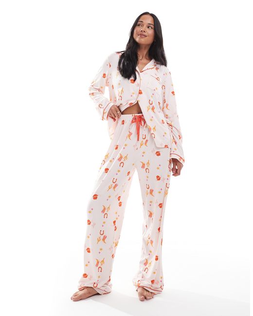 Loungeable Pink Super Soft Jersey Pyjama Revere Top And Wide Leg Pants Set With Piping Detail
