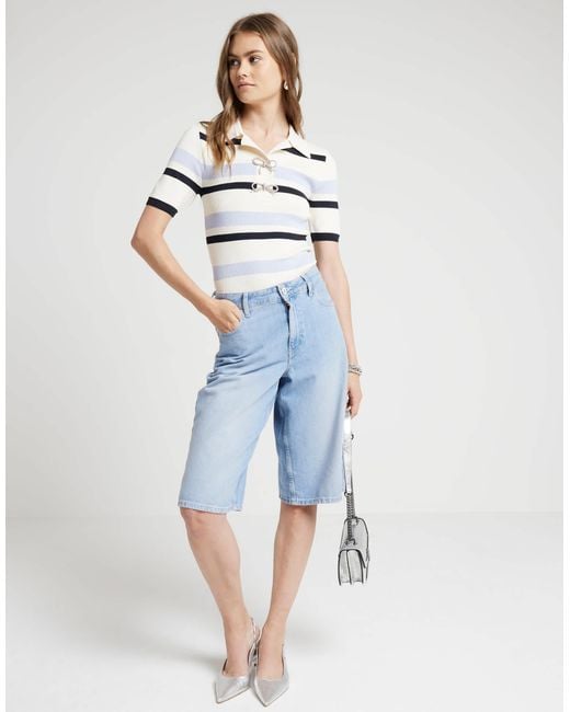 River Island Blue Knit Stripe Bow Detail Polo T-shirt