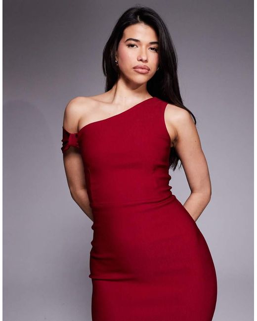 Vesper Red Bengaline One Shoulder Knot Detail Maxi Bodycon Dress