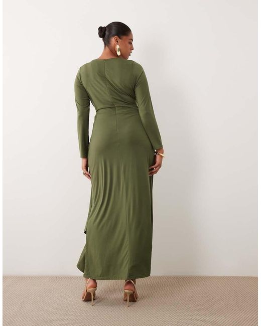 Tfnc Plus Green Slinky Slash Neck Drape Front Maxi Dress