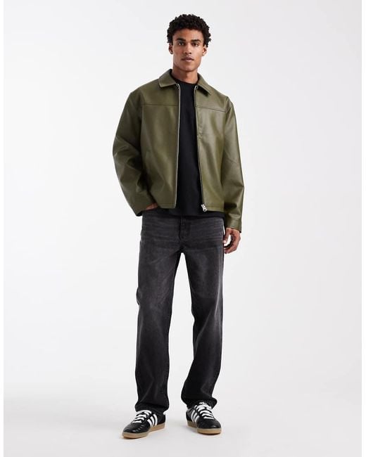 ASOS Green Faux Leather Harrington Jacket for men