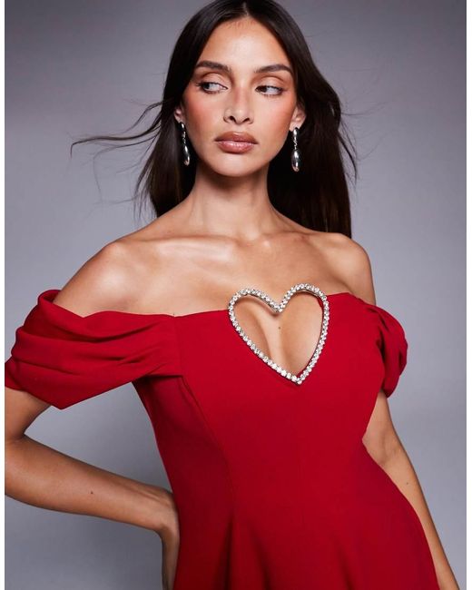 Goddiva Red Diamante Heart Trim A Line Mini Dress