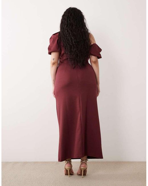 ASOS Red Asos Design Curve Trim Detail Fallen Shoulder Puff Sleeve Midi Dress