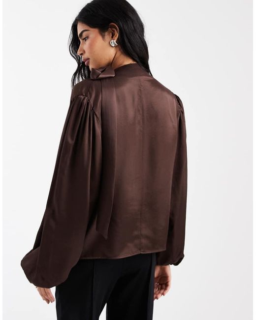 ASOS Brown Satin Tie Neck Blouse