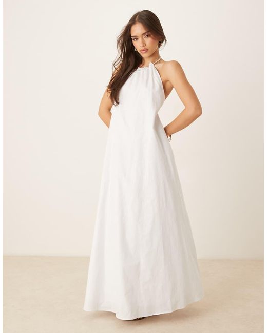 SNDY'S Natural Poplin Linen Blend Halterneck Open Back Maxi Dress