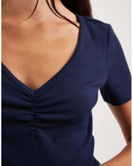 ONLY Blue Ruched Detailing Ribbed T-shirt