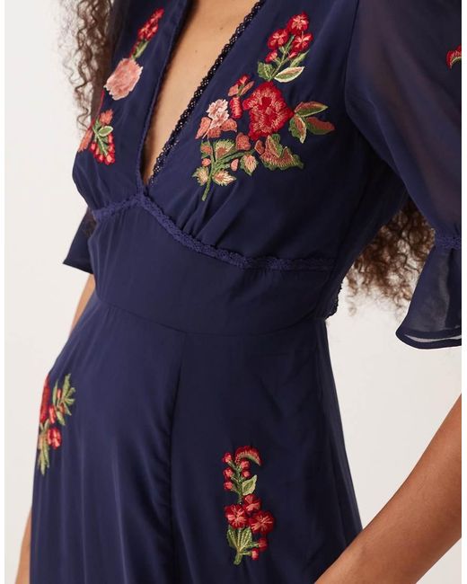 Hope & Ivy Blue Embroidered V-Neck Maxi Dress With Open Back