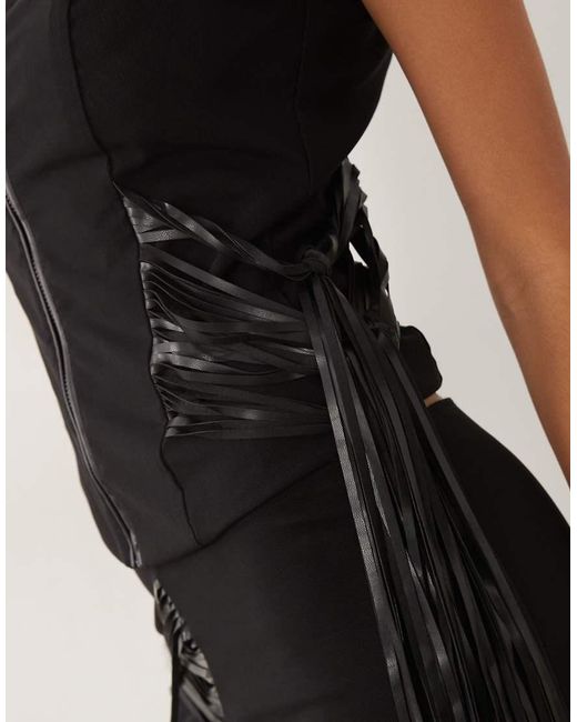 I.AM.GIA Black Iselda Sculpting Mesh Faux Leather Fringe Detail Zip Through Crop Top Co-Ord